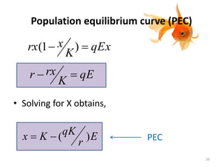 Population equilibrium curve (PEC)
• Solving for X obtains,
qEx
K
xrx  )1(
E
r
qKKx )(
qE
K
rxr 
PEC
39
 