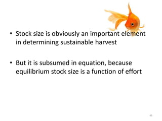 • Stock size is obviously an important element
in determining sustainable harvest
• But it is subsumed in equation, because
equilibrium stock size is a function of effort
43
 