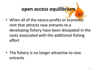 open access equilibrium
• When all of the excess profits or economic
rent that attracts new entrants to a
developing fishery have been dissipated in the
costs associated with the additional fishing
effort
• The fishery is no longer attractive to new
entrants
55
 