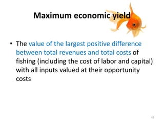Maximum economic yield
• The value of the largest positive difference
between total revenues and total costs of
fishing (including the cost of labor and capital)
with all inputs valued at their opportunity
costs
62
 