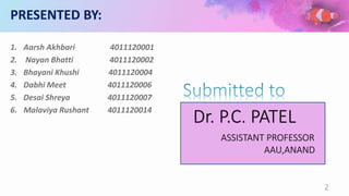 PRESENTED BY:
1. Aarsh Akhbari 4011120001
2. Nayan Bhatti 4011120002
3. Bhayani Khushi 4011120004
4. Dabhi Meet 4011120006
5. Desai Shreya 4011120007
6. Malaviya Rushant 4011120014
2
Dr. P.C. PATEL
ASSISTANT PROFESSOR
AAU,ANAND
 