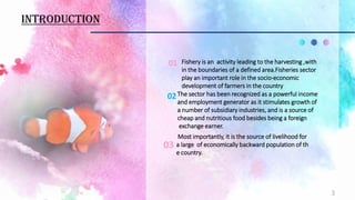 Introduction
Fishery is an activity leading to the harvesting ,with
in the boundaries of a defined area.Fisheries sector
play an important role in the socio-economic
development of farmers in the country
01
02The sector has been recognized as a powerful income
and employment generator as it stimulates growth of
a number of subsidiary industries, and is a source of
cheap and nutritious food besides being a foreign
exchange earner.
Most importantly, it is the source of livelihood for
a large of economically backward population of th
e country.
03
3
 
