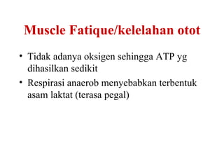 Muscle Fatique/kelelahan otot
• Tidak adanya oksigen sehingga ATP yg
  dihasilkan sedikit
• Respirasi anaerob menyebabkan terbentuk
  asam laktat (terasa pegal)
 