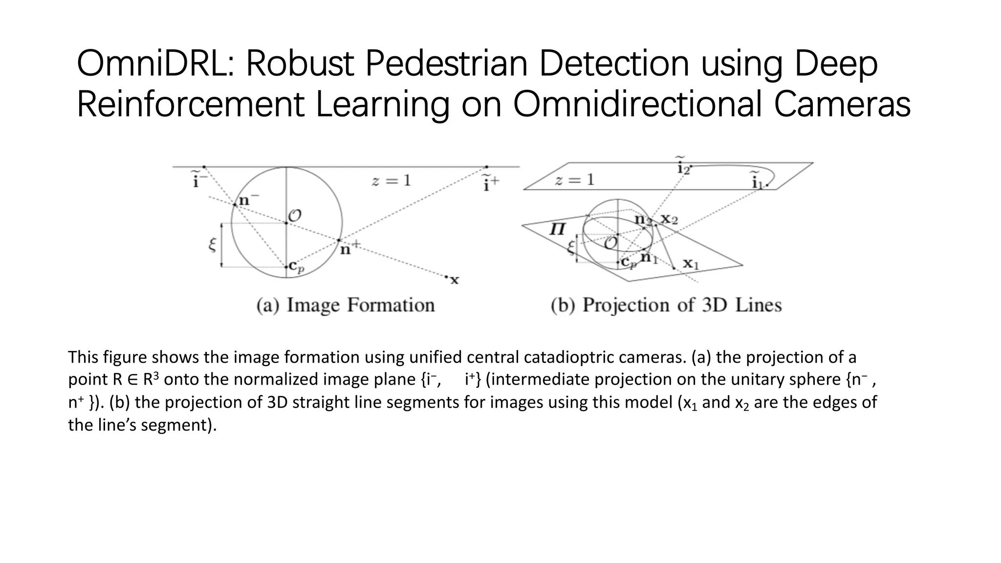 OmniDRL: Robust Pedestrian Detection using Deep
Reinforcement Learning on Omnidirectional Cameras
This figure shows the image formation using unified central catadioptric cameras. (a) the projection of a
point R ∈ R3 onto the normalized image plane {i−, i+} (intermediate projection on the unitary sphere {n− ,
n+ }). (b) the projection of 3D straight line segments for images using this model (x1 and x2 are the edges of
the line’s segment).
 