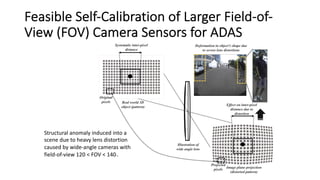 Feasible Self-Calibration of Larger Field-of-
View (FOV) Camera Sensors for ADAS
Structural anomaly induced into a
scene due to heavy lens distortion
caused by wide-angle cameras with
field-of-view 120◦ < FOV < 140◦.
 