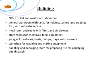 Buliding
• Office ,toilet and washroom laboratory
• general workroom with tanks for holding, sorting ,and treating
fish, with vehicular access
• meal room and room with filters and air blowers.
• store rooms for chemicals, feed, equipment
• garages for vehicles, boats, pumps, traps, nets, mowers
• workshop for repairing and making equipment
• handling and packaging room for preparing fish for packaging
and dispatch
 
