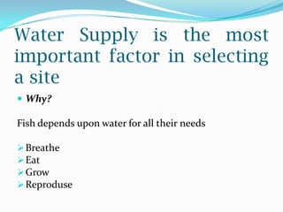Water Supply is the most
important factor in selecting
a site
 Why?
Fish depends upon water for all their needs
Breathe
Eat
Grow
Reproduse
 