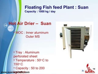 Floating Fish feed Plant : Suan Capacity : 1000 kg / day Hot Air Drier –  Suan MOC : Inner aluminum   Outer MS  Tray : Aluminum perforated sheet Temperature : 50 o  C to 150 o  C Capacity : 50 to 200 kg/batch  www.suanscientific.com 