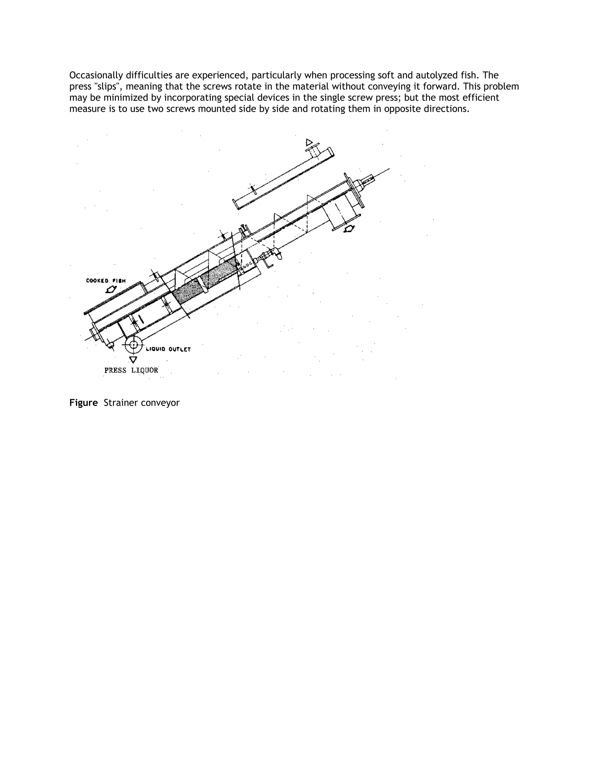 Occasionally difficulties are experienced, particularly when processing soft and autolyzed fish. The
press "slips", meaning that the screws rotate in the material without conveying it forward. This problem
may be minimized by incorporating special devices in the single screw press; but the most efficient
measure is to use two screws mounted side by side and rotating them in opposite directions.




Figure Strainer conveyor
 
