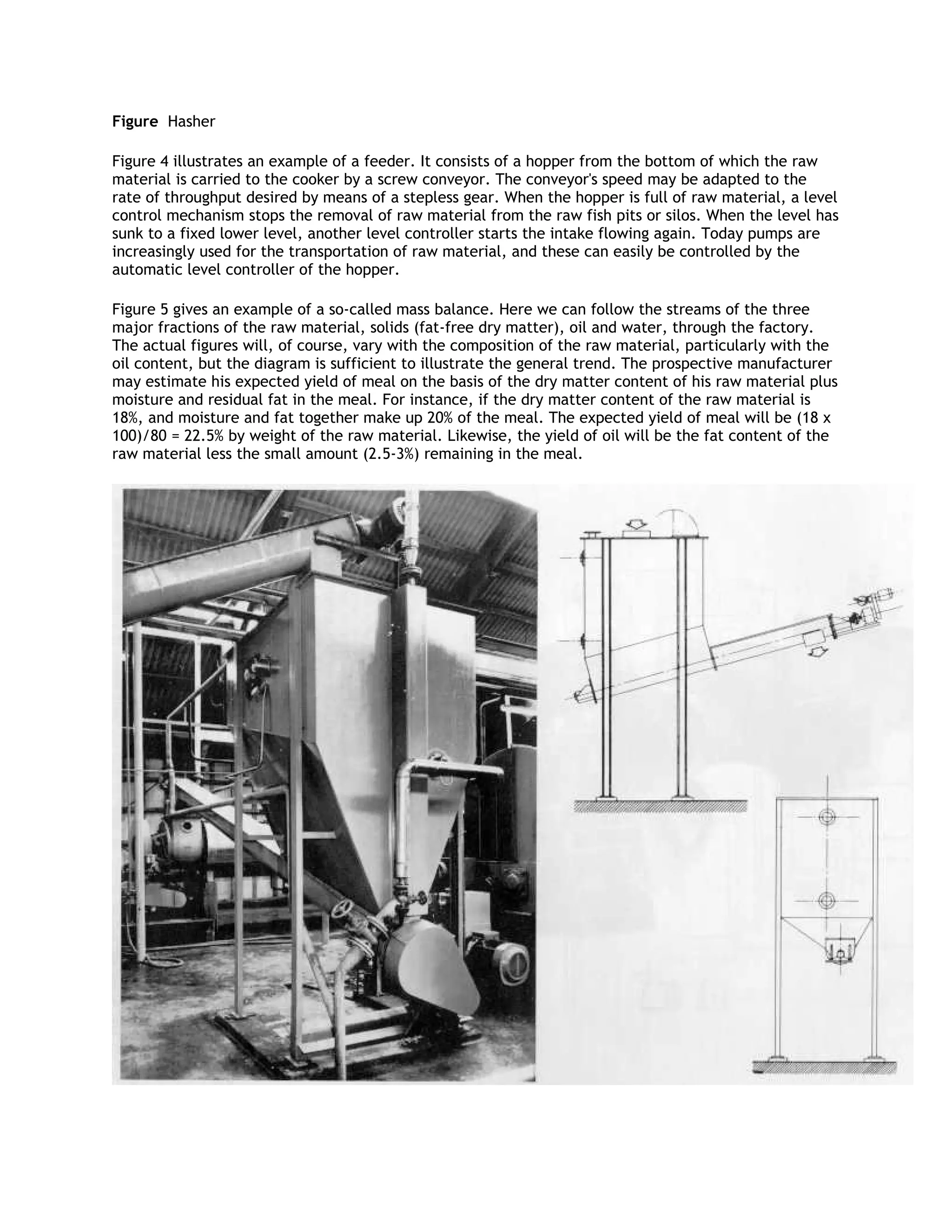 Figure Hasher

Figure 4 illustrates an example of a feeder. It consists of a hopper from the bottom of which the raw
material is carried to the cooker by a screw conveyor. The conveyor's speed may be adapted to the
rate of throughput desired by means of a stepless gear. When the hopper is full of raw material, a level
control mechanism stops the removal of raw material from the raw fish pits or silos. When the level has
sunk to a fixed lower level, another level controller starts the intake flowing again. Today pumps are
increasingly used for the transportation of raw material, and these can easily be controlled by the
automatic level controller of the hopper.

Figure 5 gives an example of a so-called mass balance. Here we can follow the streams of the three
major fractions of the raw material, solids (fat-free dry matter), oil and water, through the factory.
The actual figures will, of course, vary with the composition of the raw material, particularly with the
oil content, but the diagram is sufficient to illustrate the general trend. The prospective manufacturer
may estimate his expected yield of meal on the basis of the dry matter content of his raw material plus
moisture and residual fat in the meal. For instance, if the dry matter content of the raw material is
18%, and moisture and fat together make up 20% of the meal. The expected yield of meal will be (18 x
100)/80 = 22.5% by weight of the raw material. Likewise, the yield of oil will be the fat content of the
raw material less the small amount (2.5-3%) remaining in the meal.
 