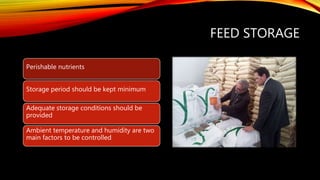 FEED STORAGE
Perishable nutrients
Storage period should be kept minimum
Adequate storage conditions should be
provided
Ambient temperature and humidity are two
main factors to be controlled
 