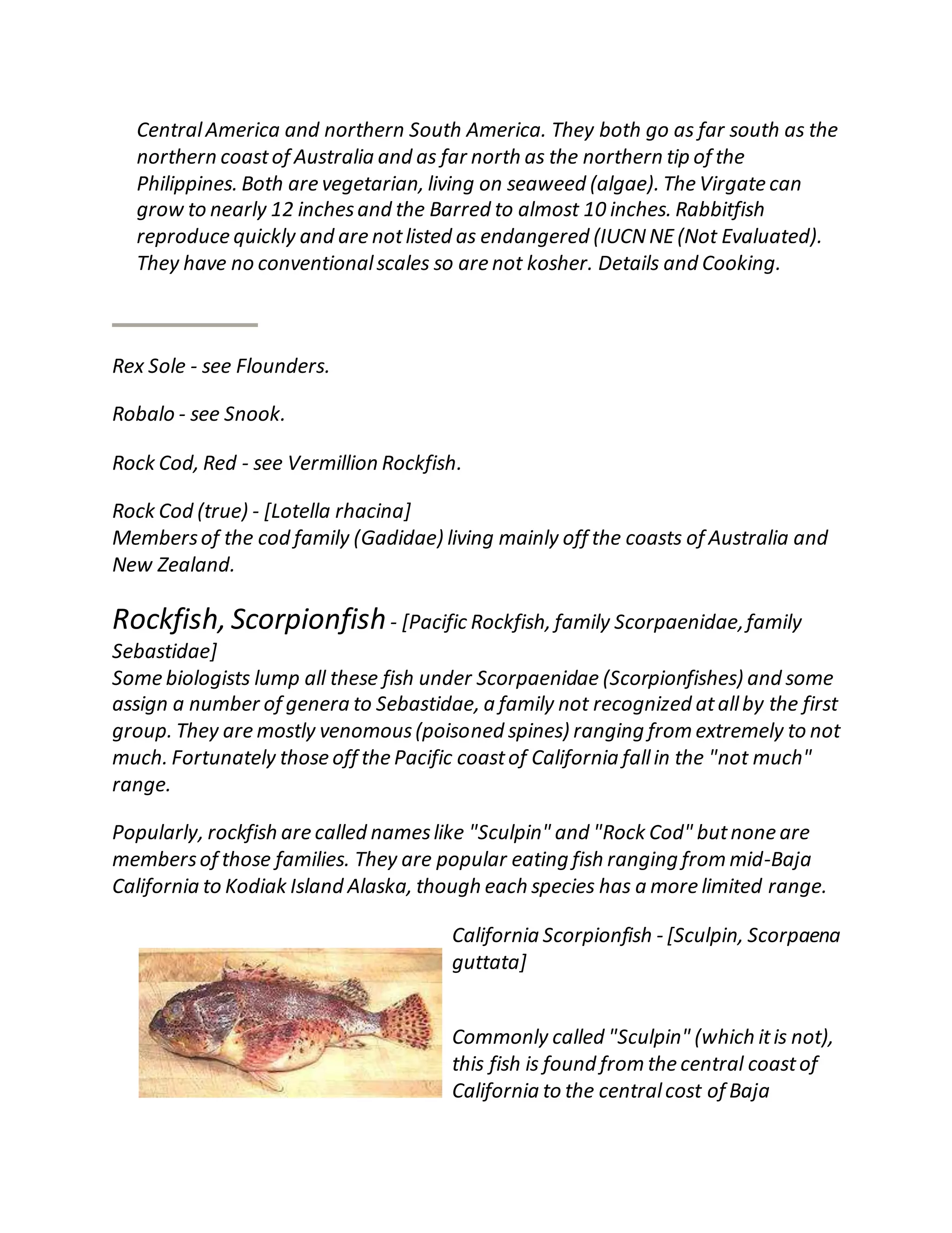 CentralAmerica and northern South America. They both go as far south as the
northern coastof Australia and as far north as the northern tip of the
Philippines. Both are vegetarian, living on seaweed (algae). The Virgate can
grow to nearly 12 inchesand the Barred to almost 10 inches. Rabbitfish
reproduce quickly and are notlisted as endangered (IUCNNE(Not Evaluated).
They have no conventionalscales so are not kosher. Details and Cooking.
Rex Sole - see Flounders.
Robalo - see Snook.
Rock Cod, Red - see Vermillion Rockfish.
Rock Cod (true) - [Lotella rhacina]
Membersof the cod family (Gadidae) living mainly off the coasts of Australia and
New Zealand.
Rockfish, Scorpionfish- [Pacific Rockfish, family Scorpaenidae,family
Sebastidae]
Some biologists lump all these fish under Scorpaenidae (Scorpionfishes) and some
assign a number of genera to Sebastidae, a family not recognized atallby the first
group. They are mostly venomous(poisoned spines) ranging from extremely to not
much. Fortunately those off the Pacific coastof California fallin the "not much"
range.
Popularly, rockfish are called nameslike "Sculpin" and "Rock Cod" butnone are
membersof those families. They are popular eating fish ranging from mid-Baja
California to Kodiak Island Alaska, though each species has a more limited range.
California Scorpionfish - [Sculpin, Scorpaena
guttata]
Commonly called "Sculpin" (which itis not),
this fish is found from the central coastof
California to the centralcost of Baja
 