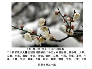 ( 春 , 夏 , 秋 , 冬 )--    二十四節氣， 二十四節氣以 太陽 正照南回歸線的「冬至」中氣起算，歷小寒、大寒、立春、雨水、驚蟄、春分、清明、穀雨、立夏、小滿、芒種、夏至、小暑、大暑、立秋、處暑、白露、秋分、寒露、霜降、立冬、小雪、大雪、再至冬至為一歲 .   