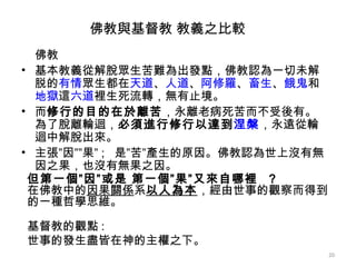 佛教 基本教義從解脫眾生苦難為出發點 ， 佛教認為一切未解脱的 有情 眾生都在 天道 、 人道 、 阿修羅 、 畜生 、 餓鬼 和 地獄 這 六道 裡生死流轉，無有止境。 而 修行的目的在於離苦 ，永離老病死苦而不受後有。為了脫離輪迴， 必須進行修行以達到 涅槃 ，永遠從輪迴中解脫出來。 主張” 因””果” ;  是” 苦”產生的原因。佛教認為世上沒有無因之果，也沒有無果之因。 但第一個”因” 或是  第一個”果” 又 來自哪裡  ? 在佛教 中 的 因果 關係 系 以人為本 ， 經由世事 的 觀察 而 得到 的 一種 哲學 思維 。 基督教的觀點 : 世事 的 發生盡皆 在神的主權之下 。 佛教 與基督教 教義之比較 
