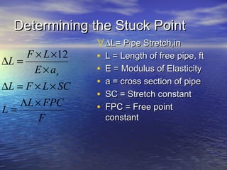 Determining the Stuck PointDetermining the Stuck Point
∀∆∆L= Pipe Stretch,inL= Pipe Stretch,in
• L = Length of free pipe, ftL = Length of free pipe, ft
• E = Modulus of ElasticityE = Modulus of Elasticity
• a = cross section of pipea = cross section of pipe
• SC = Stretch constantSC = Stretch constant
• FPC = Free pointFPC = Free point
constantconstantF
FPCL
L
SCLFL
aE
LF
L
s
×Λ
=
××=∆
×
××
=∆
12
 
