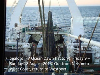 • Sealord, FV Ocean Dawn (factory), Friday 9 – 
Sunday 18 August 2013. Out from Nelson to 
West Coast, return to Westport. 
 