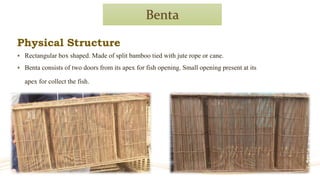 Benta
Physical Structure
⁎ Rectangular box shaped. Made of split bamboo tied with jute rope or cane.
⁎ Benta consists of two doors from its apex for fish opening. Small opening present at its
apex for collect the fish.
 
