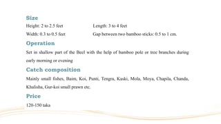 Size
Height: 2 to 2.5 feet Length: 3 to 4 feet
Width: 0.3 to 0.5 feet Gap between two bamboo sticks: 0.5 to 1 cm.
Operation
Set in shallow part of the Beel with the help of bamboo pole or tree branches during
early morning or evening
Catch composition
Mainly small fishes, Baim, Koi, Punti, Tengra, Kaski, Mola, Moya, Chapila, Chanda,
Khalisha, Gur-koi small prawn etc.
Price
120-150 taka
 