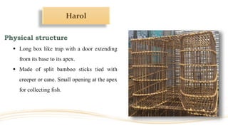 Harol
Physical structure
 Long box like trap with a door extending
from its base to its apex.
 Made of split bamboo sticks tied with
creeper or cane. Small opening at the apex
for collecting fish.
 