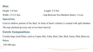Size
Height: 3-4 feet Length: 2-3 feet
Width: 1.5-2.5 feet Gap Between Two Bamboo Sticks: 1-4 cm
Operation
Used in shallow portion of the Beel. In front of harol a barrier is created with split bamboo.
The trap checked up every one or two hour interval.
Catch Composition
Usually large sized fishes, such as Carpio, Rui, Catla, Boal, Taki, Shol, Gazar, Shal, Baim etc.
Price
250-500 taka
 