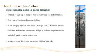 Hand line without wheel
Sip (usually used in game fishing)
• The rod of local sip is made of still, hook are tied one end of the line.
• This type of line is used in game fishing.
• Main caughy species are Boal (Wallago attu), Kalibaus (Labeo
calbasu), Rui (Labeo rohita) and Mrigal (Cirrhinus migala) are the
main fish species caught by this gear.
• Market price of this device starts from 1800 to 3000 taka.
 