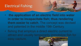 Electrical Fishing:
• the application of an electric field into water
in order to incapacitate fish; thus rendering
them easier to catch. The concept was devised
and patented in the middle 19th Century.
• fishing that employs a direct electric current to
attract and usually temporarily immobilize fish for
easy capture.
 