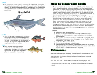 Catfish
	 •	 The common way to hold a catfish is from below the catfish’s belly, gripping the

catfish below both pectoral fins.  Be very careful to avoid the fish’s spines that are
located in the pectoral fins and the dorsal fin.  Hold the fishing line in one hand to
steady the fish and slide your hands from the belly of the fish upward under the
pectoral fins.

Blue Catfish
Dorsal Spine

How To Clean Your Catch
	 •	 The common catch such as sunfish and bass must first be scaled.  To scale a fish,
hold it by the tail and scrape from tail to head with a fish scaler, butter knife or
tablespoon.  Cut directly behind the gill cover.  Remove the head with the innards.  
Then, slice along each side of the dorsal fin and remove.  Cut along both sides of
the anal fin and remove by pulling it toward the tail.  Cut the belly from the area
where the head was removed to the tail and pull out all the remaining innards.  If
desired, cut off the tail.  Rinse fish quickly and prepare for cooking.  
	 •	 Catfish and bullheads must be skinned instead of scaled.  Your first cut will start

behind the head at the pectoral fin on one side up and over to the other side’s
pectoral fin.  Then, slice down the backbone on one side of the dorsal fin and
create another slice on the other side of the dorsal fin to connect the cut just
made.  Now, use pliers and pull the skin back from the body of the fish while
holding the head with one hand.  After removing the skin from the catfish, cut the
head completely and remove the innards.  Prepare for cooking.  When filleting a
catfish, make sure to cut away all dark red meat along the lateral line as this meat
often has a strong flavor.  

Pectoral Spine

	 •	 Filleting
	

Sunfish

	 •	 There are two ways to hold a sunfish.  One is from
the fish’s belly, loosely gripping the fish between
your four fingers and thumb across the fish’s side.  
The other is from the top of the fish’s body over its
dorsal fin.  Be very careful of the dorsal fin, it has
very sharp bones that can hurt you.  

Perch

	 •	 Perch should be held under the belly
underneath the pectoral fins loosely
between your four fingers and thumb across
the fish’s side.  Be very careful of this fish’s
gill covers because they are very sharp.  

	
	
	
	
	

o	 ALWAYS CUT AWAY FROM YOURSELF!  
o	 Your first cut will be made behind the pectoral fin with the knife angled
toward the top of the head, cutting only to the backbone (not all the way
through the fish).  
o	 Next, cut along one side of the backbone with the knife scraping right above
the rib bones without cutting them all the way to the tail.  The knife should
come out right at the base of the tail.  
o	 Lift the piece of meat from the bones.  
o	 Turn the fish over and repeat on the other side.  
o	 If desired, the skin can be removed from the fish by holding the tail with your
fingertips and cutting between the flesh and skin with a sawing motion.  Rinse
the meat quickly in cold water and prepare for cooking.

References
Maas, Dave. Kids Gone Fishin. Minnesota:  Creative Publishing International Inc., 2001.  
Maas, Dave, et al. The Complete Guide to Freshwater Fishing. Creative Publishing
International Inc., 2002.  
Texas State. Texas Parks & Wildlife. A Basic Guide for the Beginning Angler. 2008.  
A special thanks goes to the Texas Parks and Wildlife Department for the use of their
artwork.

16 A Beginner’s Guide to Fishing

A Beginner’s Guide to Fishing

17

 