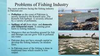 Problems of Fishing Industry
The main problems facing the fishing industry
in Pakistan are:
→ Pollution on the coast of Pakistan is
mostly limited to the Karachi area. The
Karachi fish harbour is severely affected
by a variety of pollutants.
→ Spillage of oil from ships and domestic
and Industrial waste is causing great
harm to fishing Industry.
→ Mangrove that are breeding ground for fish
and shrimps can not grow well in polluted
sea water.
→ Pakistan does not have enough capital to
develop the fishing Industry on modern
lines.
→ In Pakistan most of the fishing is done in
traditional lines which results in low
output.
 