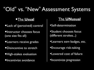 •The Usual
•Lack of (perceived) control
•Instructor chooses focus
(one size fits all)
•Learners receive grades
•Disincentive to stretch
•High-stakes evaluation
•Incentivize avoidance
“Old” vs. “New” Assessment Systems
TheThe UNusualUNusual
•Self-determinationSelf-determination
•Student chooses focusStudent chooses focus
(different strokes...)(different strokes...)
•LearnersLearners earnearn badges, etc.badges, etc.
•Encourage risk-takingEncourage risk-taking
•Lowered cost of failureLowered cost of failure
•IncentivizeIncentivize progressionprogression
 