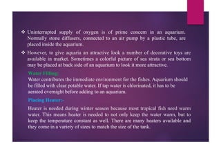  Uninterrupted supply of oxygen is of prime concern in an aquarium.
Normally stone diffusers, connected to an air pump by a plastic tube, are
placed inside the aquarium.
 However, to give aquaria an attractive look a number of decorative toys are
available in market. Sometimes a colorful picture of sea strata or sea bottom
may be placed at back side of an aquarium to look it more attractive.
Water Filling:
Water contributes the immediate environment for the fishes. Aquarium should
be filled with clear potable water. If tap water is chlorinated, it has to be
aerated overnight before adding to an aquarium.
Heater is needed during winter season because most tropical fish need warm
water. This means heater is needed to not only keep the water warm, but to
keep the temperature constant as well. There are many heaters available and
they come in a variety of sizes to match the size of the tank.
Placing Heater:-
 