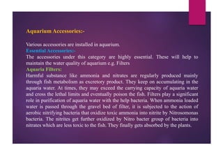 Aquarium Accessories:-
Various accessories are installed in aquarium.
Essential Accessories:-
The accessories under this category are highly essential. These will help to
maintain the water quality of aquarium e.g. Filters
Aquaria Filters:
Harmful substance like ammonia and nitrates are regularly produced mainly
through fish metabolism as excretory product. They keep on accumulating in the
aquaria water. At times, they may exceed the carrying capacity of aquaria water
and cross the lethal limits and eventually poison the fish. Filters play a significant
role in purification of aquaria water with the help bacteria. When ammonia loaded
water is passed through the gravel bed of filter, it is subjected to the action of
aerobic nitrifying bacteria that oxidize toxic ammonia into nitrite by Nitrosomonas
bacteria. The nitrites get further oxidized by Nitro bacter group of bacteria into
nitrates which are less toxic to the fish. They finally gets absorbed by the plants.
 