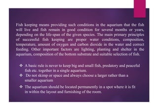 Fish keeping means providing such conditions in the aquarium that the fish
will live and fish remain in good condition for several months or years,
depending on the life-span of the given species. The main primary principles
of successful fish keeping are proper water conditions, composition,
temperature, amount of oxygen and carbon dioxide in the water and correct
feeding. Other important factors are lighting, planting and shelter in the
aquarium, composition of the bottom substrate and suitable selection of fish.
 A basic rule is never to keep big and small fish, predatory and peaceful
fish etc. together in a single aquarium.
 Do not skimp or space and always choose a larger rather than a
smaller aquarium
 The aquarium should be located permanently in a spot where it is fit
in within the layout and furnishing of the room.
 