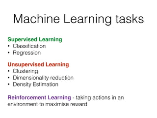 Machine Learning tasks
Supervised Learning
• Classiﬁcation
• Regression!
!
Unsupervised Learning!
• Clustering
• Dimensionality reduction
• Density Estimation
!
Reinforcement Learning - taking actions in an
environment to maximise reward
 