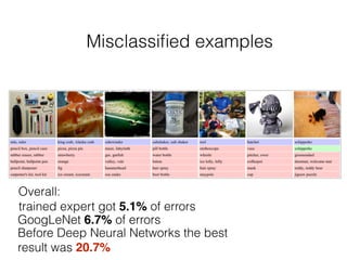 Misclassiﬁed examples
Overall:
trained expert got 5.1% of errors
GoogLeNet 6.7% of errors
Before Deep Neural Networks the best
result was 20.7%
 