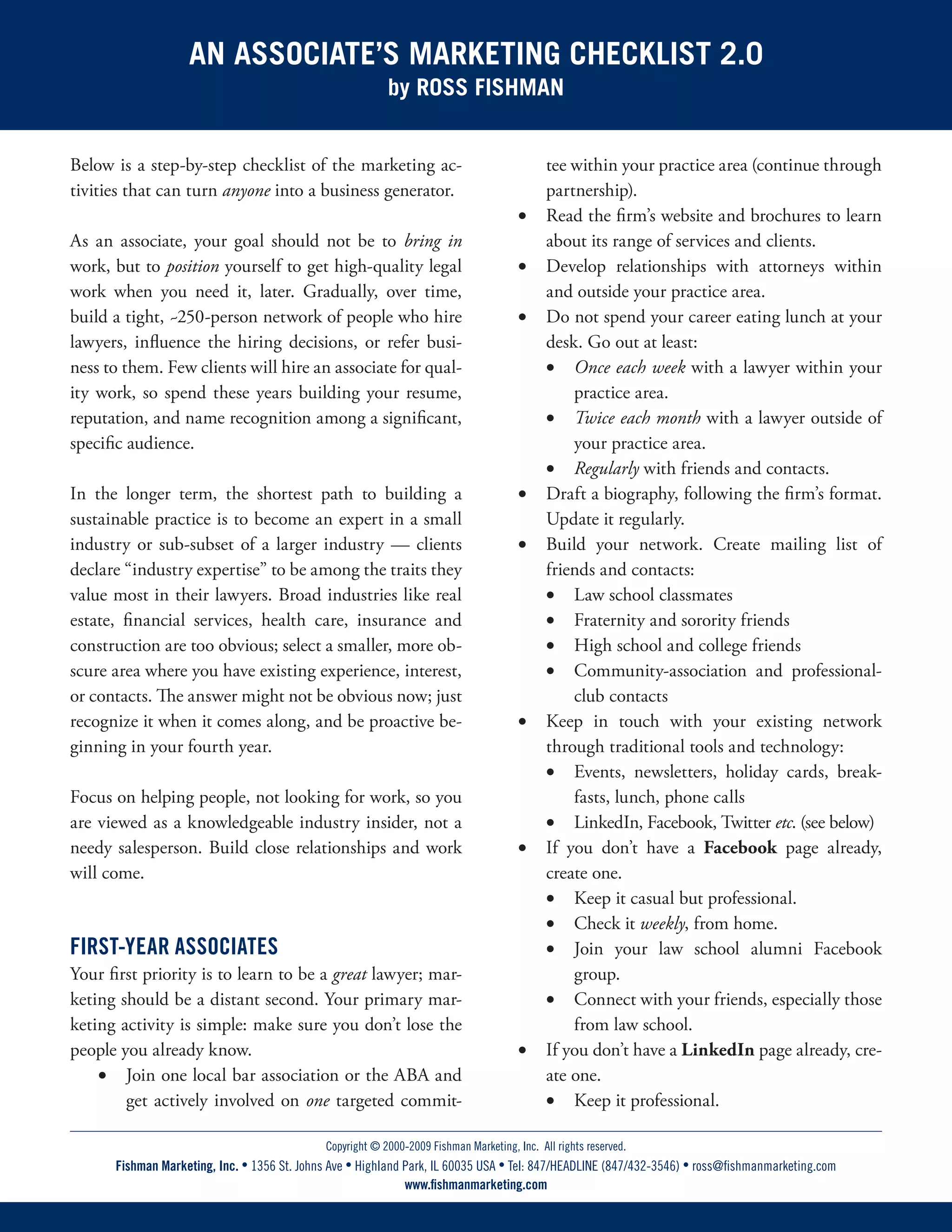Ross Fishman Associate Marketing Checklist by Year of Practice 2.0 | PDF