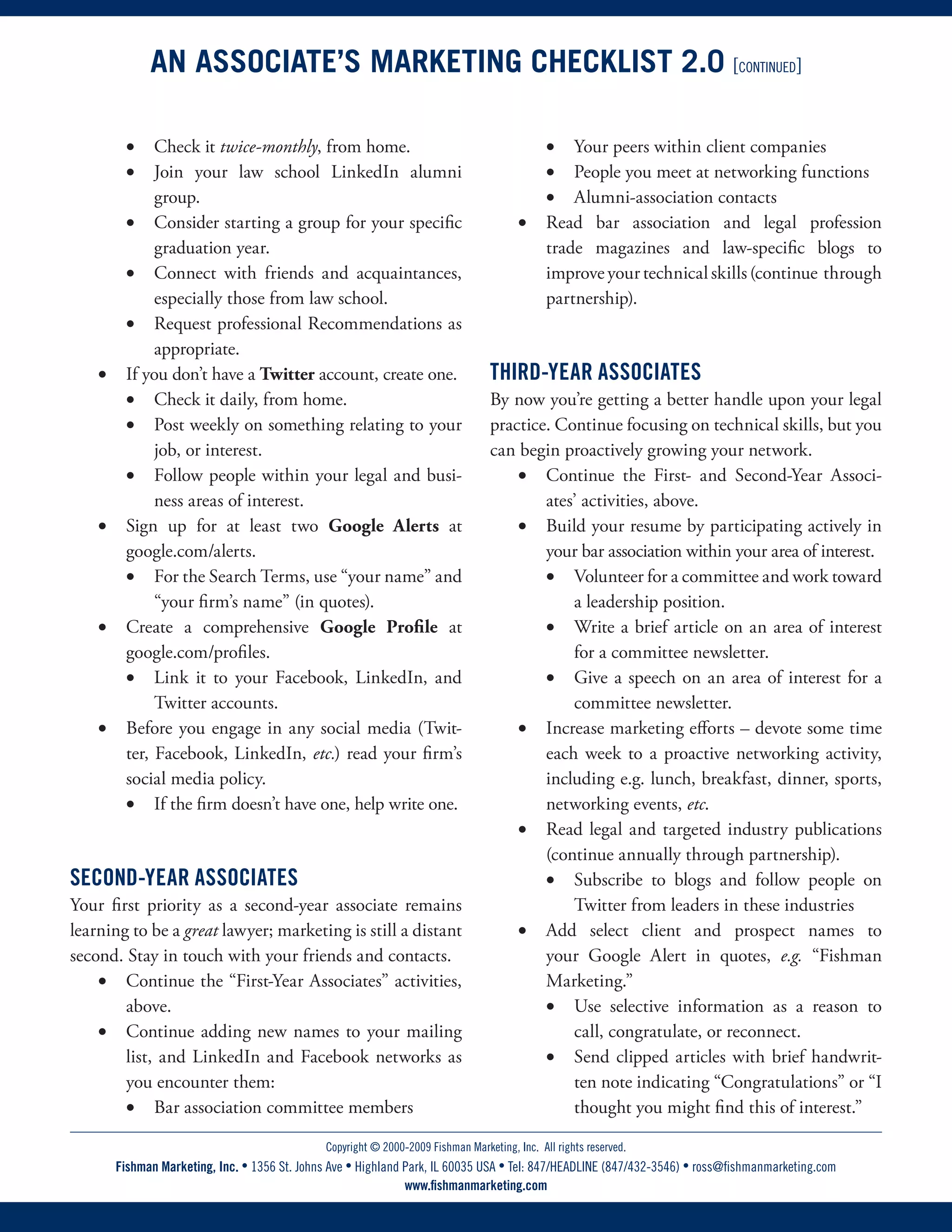 Ross Fishman Associate Marketing Checklist by Year of Practice 2.0 | PDF