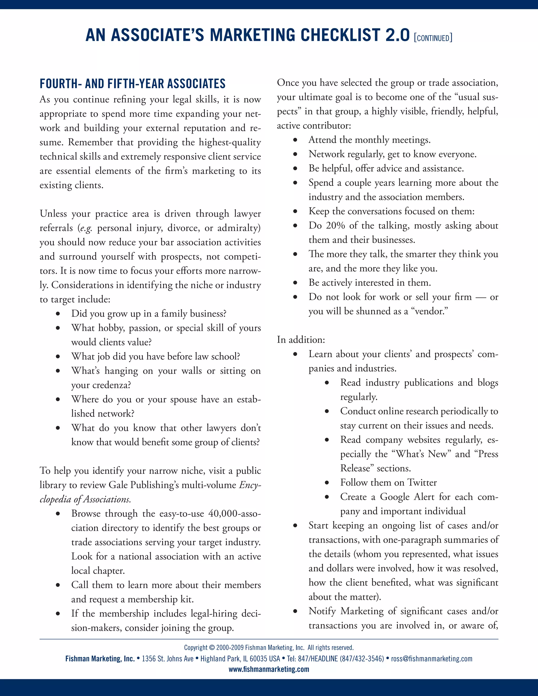 Ross Fishman Associate Marketing Checklist by Year of Practice 2.0 | PDF