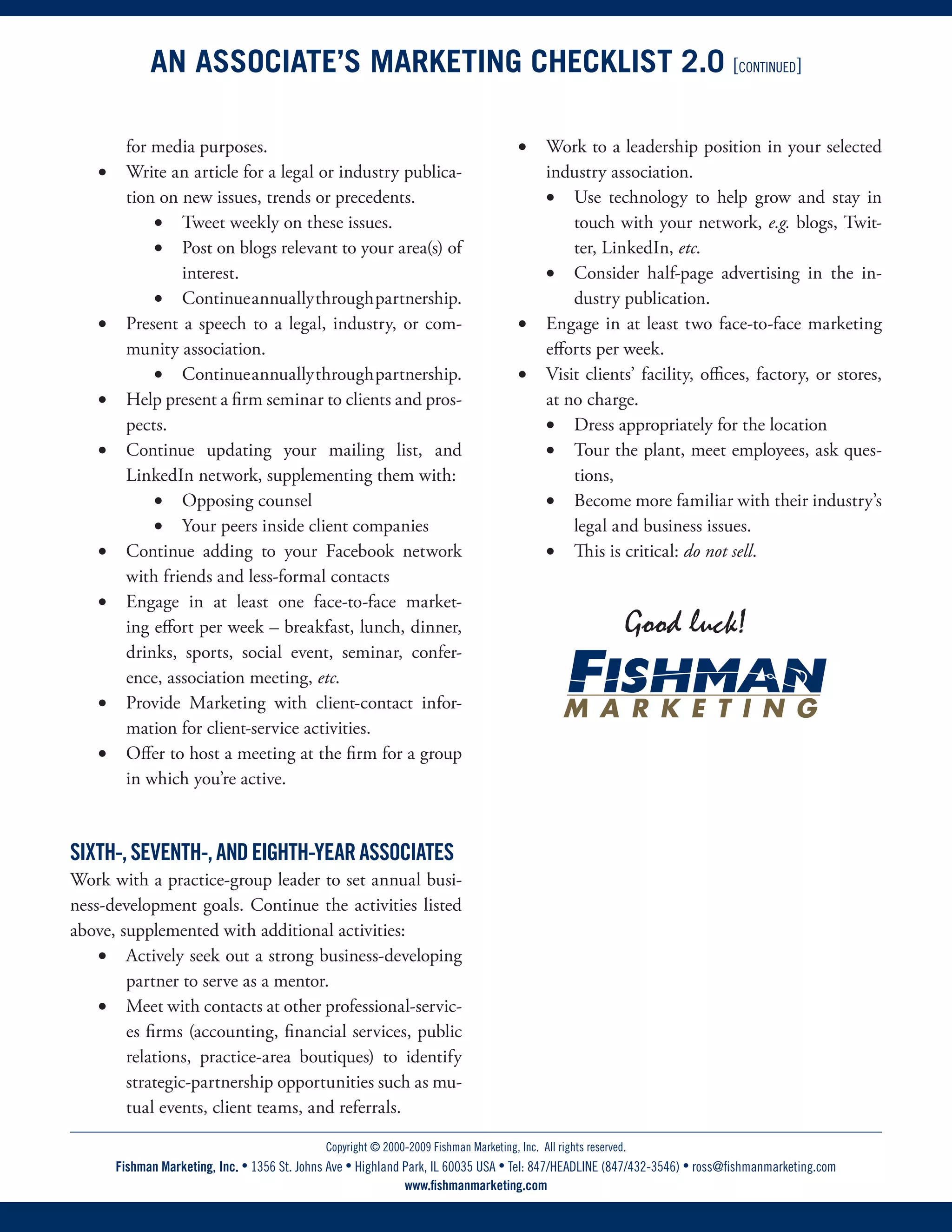 Ross Fishman Associate Marketing Checklist by Year of Practice 2.0 | PDF