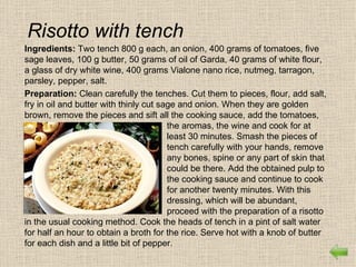 Risotto with tench
Ingredients: Two tench 800 g each, an onion, 400 grams of tomatoes, five
sage leaves, 100 g butter, 50 grams of oil of Garda, 40 grams of white flour,
a glass of dry white wine, 400 grams Vialone nano rice, nutmeg, tarragon,
parsley, pepper, salt.
Preparation: Clean carefully the tenches. Cut them to pieces, flour, add salt,
fry in oil and butter with thinly cut sage and onion. When they are golden
brown, remove the pieces and sift all the cooking sauce, add the tomatoes,
                                        the aromas, the wine and cook for at
                                        least 30 minutes. Smash the pieces of
                                        tench carefully with your hands, remove
                                        any bones, spine or any part of skin that
                                        could be there. Add the obtained pulp to
                                        the cooking sauce and continue to cook
                                        for another twenty minutes. With this
                                        dressing, which will be abundant,
                                        proceed with the preparation of a risotto
in the usual cooking method. Cook the heads of tench in a pint of salt water
for half an hour to obtain a broth for the rice. Serve hot with a knob of butter
for each dish and a little bit of pepper.
 