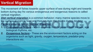 Vertical Migration
The movement of fishes towards upper surface of sea during night and towards
bottom during day fro various endogenous and exogenous reasons is called
vertical migration.
Diet vertical migration is a common behavior; many marine species move to
the surface at night to feed and then return to the depths during daytime.
Factors playing role in Vertical Migration:-
1. Endogenous factors:- which originate from organism itself like sex, age
biological rhythms, etc.
2. Exogenous factors:- These are the environment factors acting on the
organisms such as light, gravity, oxygen, temperature, predator-prey
interactions etc.
 