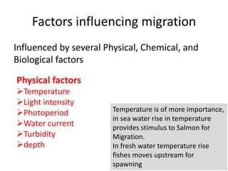 Factors influencing migration
Influenced by several Physical, Chemical, and
Biological factors
Physical factors
Temperature
Light intensity
Photoperiod
Water current
Turbidity
depth
Temperature is of more importance,
in sea water rise in temperature
provides stimulus to Salmon for
Migration.
In fresh water temperature rise
fishes moves upstream for
spawning
 