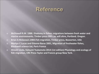  McDowall R.M. 1988. Diadomy in fishes: migrations between fresh water and
marine environments. Timber press 999 s.w. will shire, Portland. Oregon.
 Brian A Mckeown.1984.Fish migration, Timber press, Beaverton, USA
 Martyn C.Lucas and Etienne Baras 2001, Migration of freshwater fishes,
Blackwell science Ltd, Paris France
 Hiroshi Ueda, Katsumi Tsukamoto 2014 (1st edition) Physiology and ecology of
fish migration, CRC Press Taylor and Francis group New York.
 