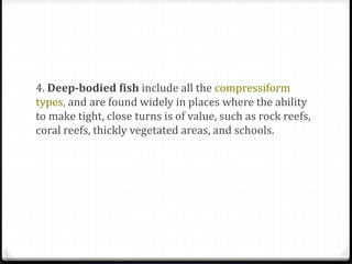 4. Deep-bodied fish include all the compressiform
types, and are found widely in places where the ability
to make tight, close turns is of value, such as rock reefs,
coral reefs, thickly vegetated areas, and schools.
 