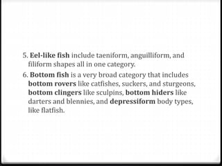 5. Eel-like fish include taeniform, anguilliform, and
filiform shapes all in one category.
6. Bottom fish is a very broad category that includes
bottom rovers like catfishes, suckers, and sturgeons,
bottom clingers like sculpins, bottom hiders like
darters and blennies, and depressiform body types,
like flatfish.
 