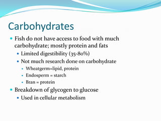 Carbohydrates
 Fish do not have access to food with much
carbohydrate; mostly protein and fats
 Limited digestibility (35-80%)
 Not much research done on carbohydrate
 Wheatgerm=lipid, protein
 Endosperm = starch
 Bran = protein
 Breakdown of glycogen to glucose
 Used in cellular metabolism
 