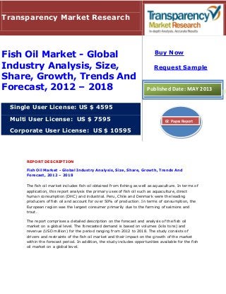 REPORT DESCRIPTION
Fish Oil Market - Global Industry Analysis, Size, Share, Growth, Trends And
Forecast, 2012 – 2018
The fish oil market includes fish oil obtained from fishing as well as aquaculture. In terms of
application, this report analysis the primary uses of fish oil such as aquaculture, direct
human consumption (DHC) and industrial. Peru, Chile and Denmark were the leading
producers of fish oil and account for over 50% of production. In terms of consumption, the
European region was the largest consumer primarily due to the farming of salmons and
trout.
The report comprises a detailed description on the forecast and analysis of the fish oil
market on a global level. The forecasted demand is based on volumes (kilo tons) and
revenue (USD million) for the period ranging from 2012 to 2018. The study consists of
drivers and restraints of the fish oil market and their impact on the growth of the market
within the forecast period. In addition, the study includes opportunities available for the fish
oil market on a global level.
Transparency Market Research
Fish Oil Market - Global
Industry Analysis, Size,
Share, Growth, Trends And
Forecast, 2012 – 2018
Single User License: US $ 4595
Multi User License: US $ 7595
Corporate User License: US $ 10595
Buy Now
Request Sample
Published Date: MAY 2013
62 Pages Report
 