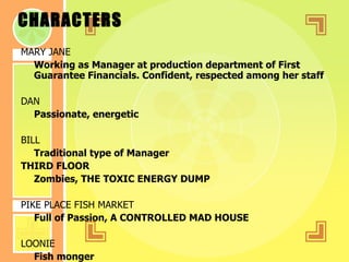 CHARACTERS MARY JANE Working as Manager at production department of First Guarantee Financials. Confident, respected among her staff DAN Passionate, energetic BILL Traditional type of Manager THIRD FLOOR Zombies, THE TOXIC ENERGY DUMP PIKE PLACE FISH MARKET Full of Passion, A CONTROLLED MAD HOUSE LOONIE Fish monger 