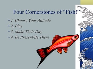 Four Cornerstones of “Fish!” 1. Choose Your Attitude 2. Play 3. Make Their Day 4. Be Present/Be There 
