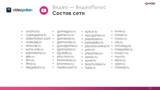 • avtotut.ru
• cybergame.tv
• dailymotion.com
• molodejj.tv
• dnevnik.ru
• echo.msk.ru
• edimdoma.ru
• elle.ru
• film.ru
• filmz.ru
• Megalyrics.ru
• tvmir.ru
• tvstart.ru
• tvzavr.ru
• mk.ru
• mmorpg.su
• mreporter.ru
• music1.ru
• myvi.ru
• okno.ru
• oper.ru
• tvbreak.ru
• twitch.tv
• wpcgames.ru
• paparazzi.ru
• peredelka.tv
• planeta-online.tv
• prim.tv
• pteachka.ru
• sostav.ru
• sovet.tv
• teachvideo.ru
• Tobe.tv
• gameguru.ru
• games-tv.ru
• gamestar.ru
• getmovies.ru
• goodgame.ru
• igromania.ru
• kg-daily.ru
• kino.myvi.ru
• kinomania.ru
• kinonews.ru
• media-port.tv
14
Видео — ВидеоПульс
Состав сети
 