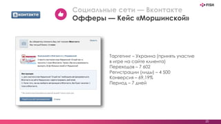 Таргетинг – Украина (принять участие
в игре на сайте клиента)
Переходов – 7 602
Регистрации (лиды) – 4 500
Конверсия – 69,19%
Период – 7 дней
20
Социальные сети — Вконтакте
Офферы — Кейс «Моршинской»
 